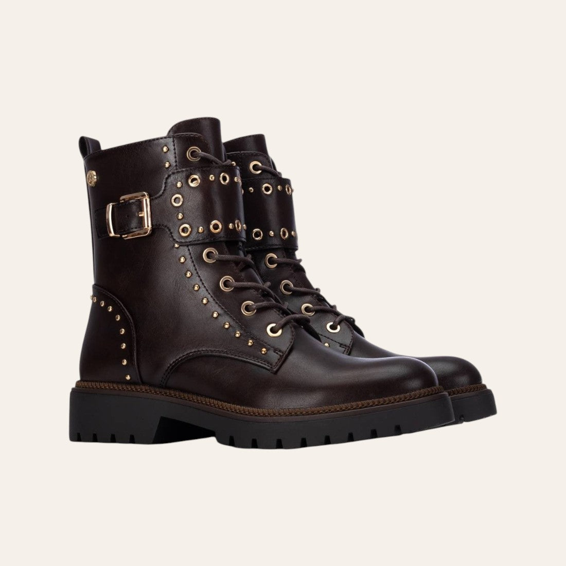 So and Ro - shoes and more - Barcabiker dark brown faux leather biker boots with gold studs and buckle strap details
