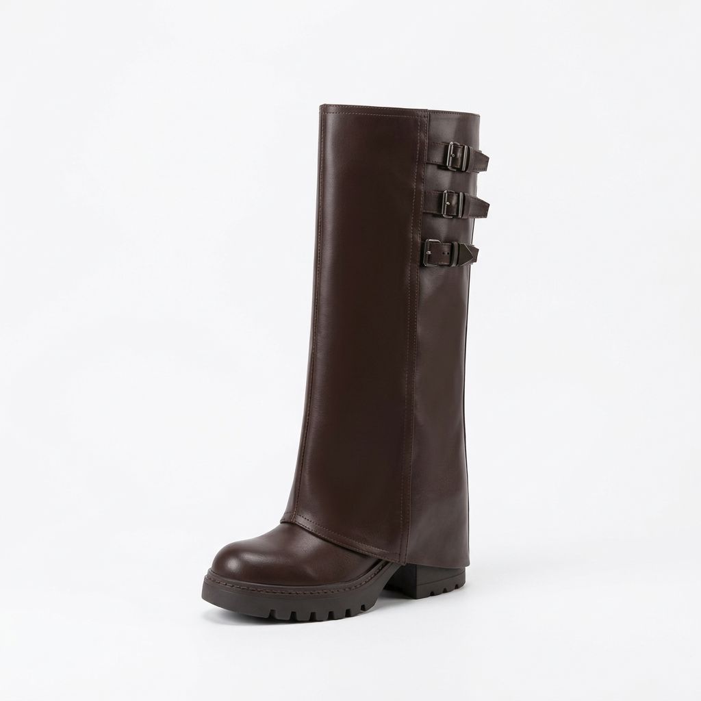 So and Ro - shoes and more - Josephine dark brown faux leather high biker boots with buckles and chunky lug soles