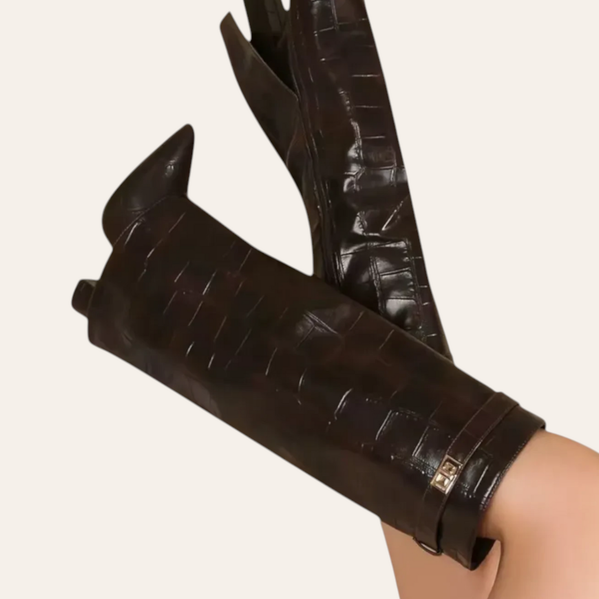 So and Ro - shoes and more - Saphira dark brown knee-high boots with croco texture, pointed toe, and block heel.