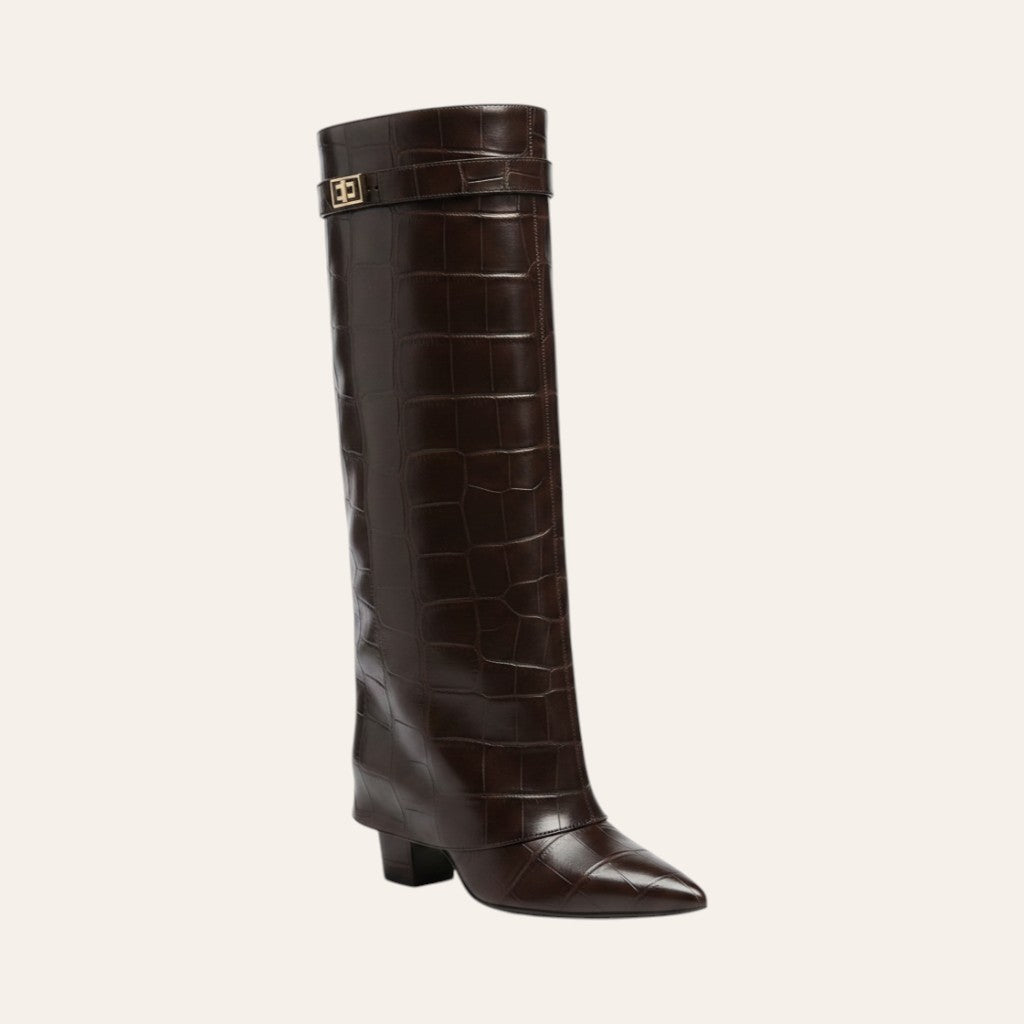 So and Ro - shoes and more - Saphira dark brown knee-high boots with croco leather look, pointed toe, and block heel.