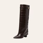 So and Ro - shoes and more - Saphira dark brown knee-high boots with croco texture, pointed toe, and block heel.