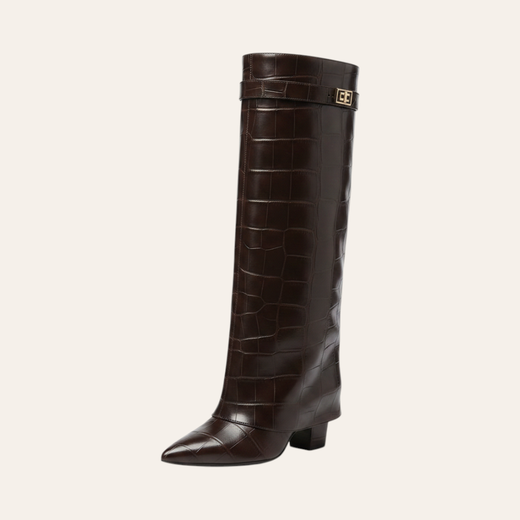 So and Ro - shoes and more - Saphira dark brown knee-high boots with croco texture, pointed toe, and block heel.