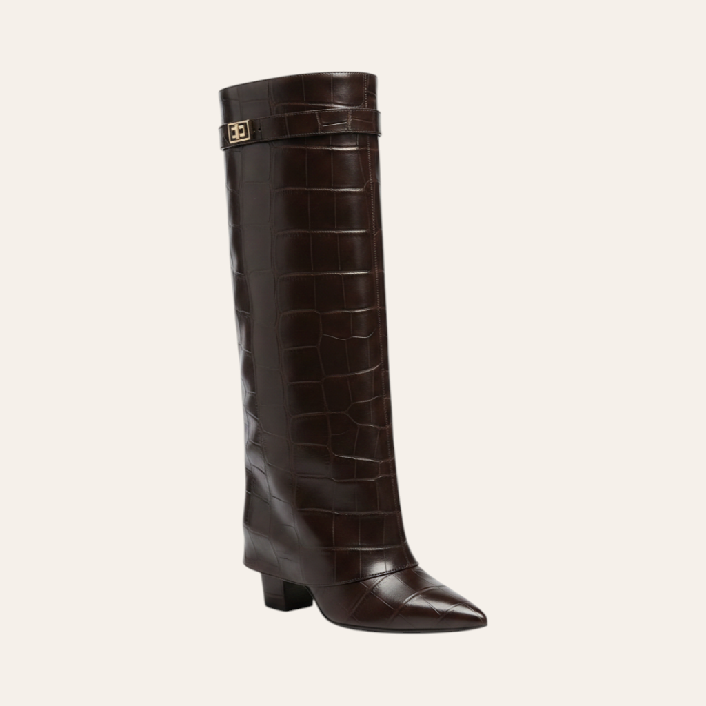 So and Ro - shoes and more - Saphira dark brown knee-high boots with croco texture, pointed toe, and block heel.