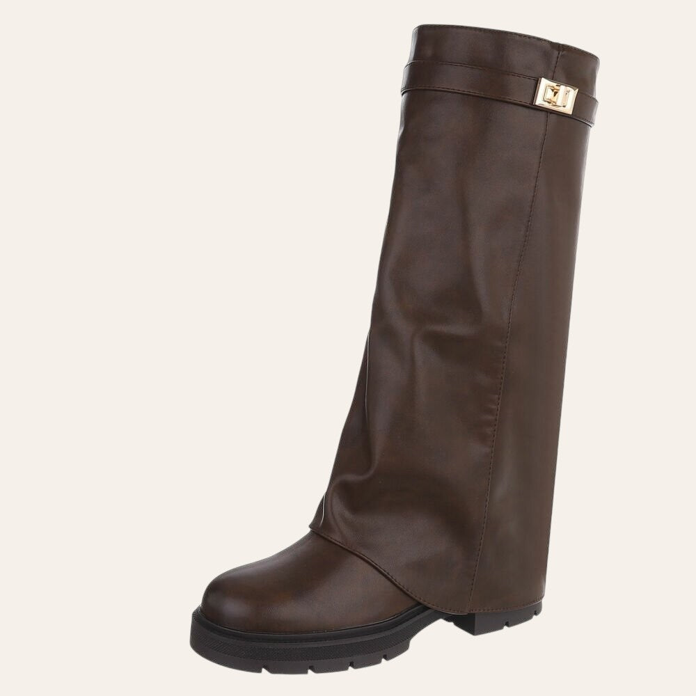 So and Ro - shoes and more - dark brown faux leather Soof boot with a folded cuff and gold buckle detail