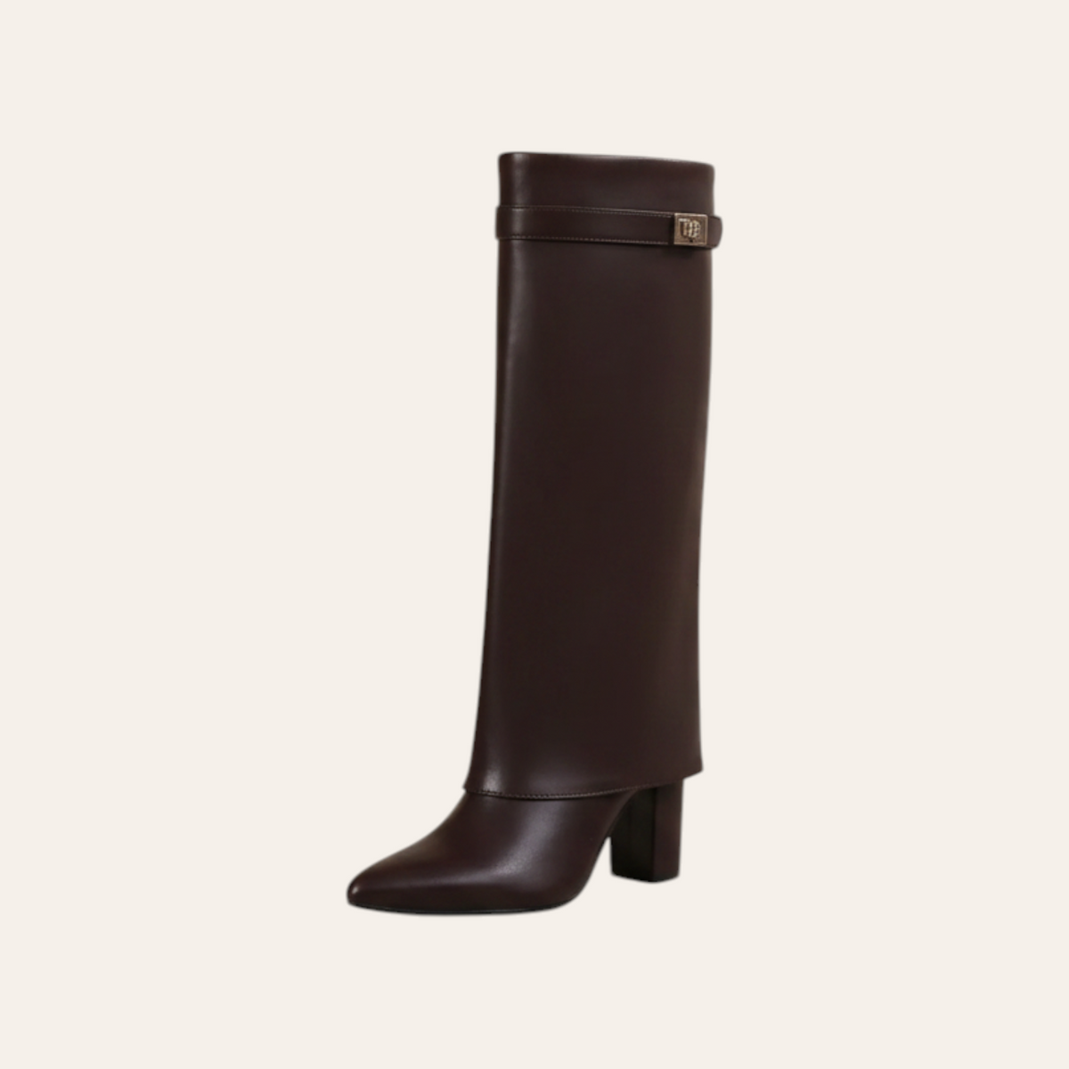 So and Ro - shoes and more - Sophia dark brown faux leather high boot with pointed toe, block heel and metal detail