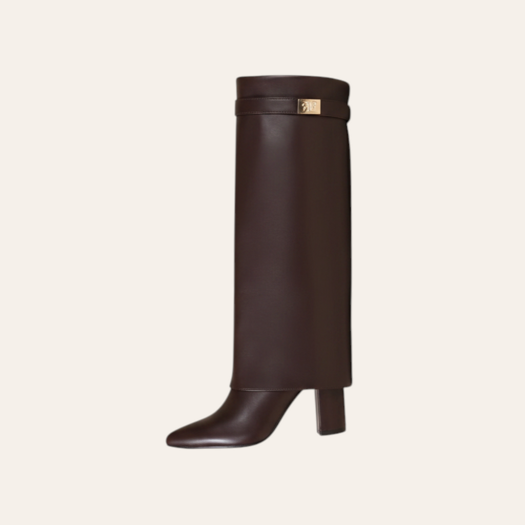 So and Ro - shoes and more - Sophia dark brown faux leather high boot with pointed toe, block heel and metal detail