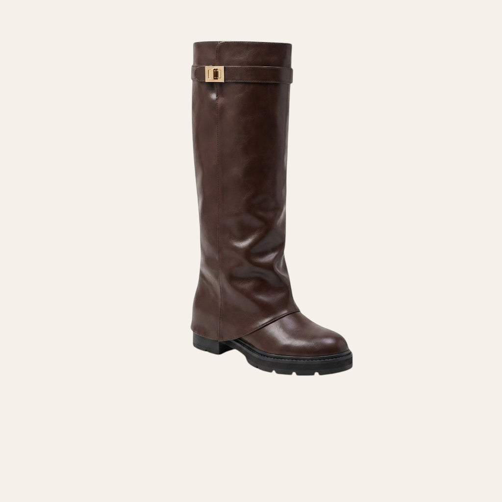 So and Ro - shoes and more - Soof Boot in dark brown faux leather with a fold-over cuff and gold buckle detail.
