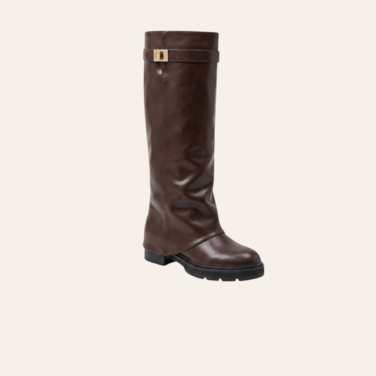 So and Ro - shoes and more - Soof Boot in dark brown faux leather with a fold-over cuff and gold buckle detail.