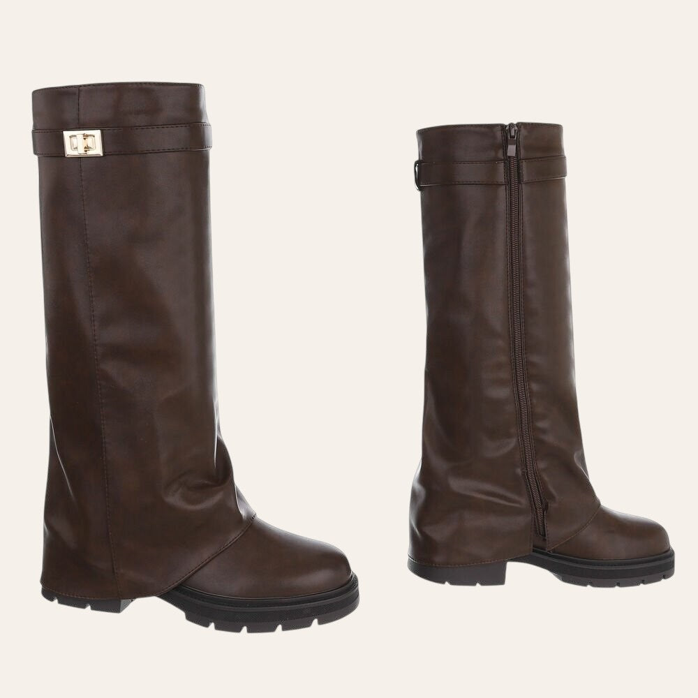 So and Ro - shoes and more - dark brown faux leather Soof boots with a fold-over cuff, gold buckle, and lug sole.