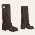 So and Ro - shoes and more - dark brown faux leather Soof boots with a fold-over cuff, gold buckle, and lug sole.