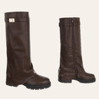 So and Ro - shoes and more - dark brown faux leather Soof boots with a fold-over cuff, gold buckle, and lug sole.