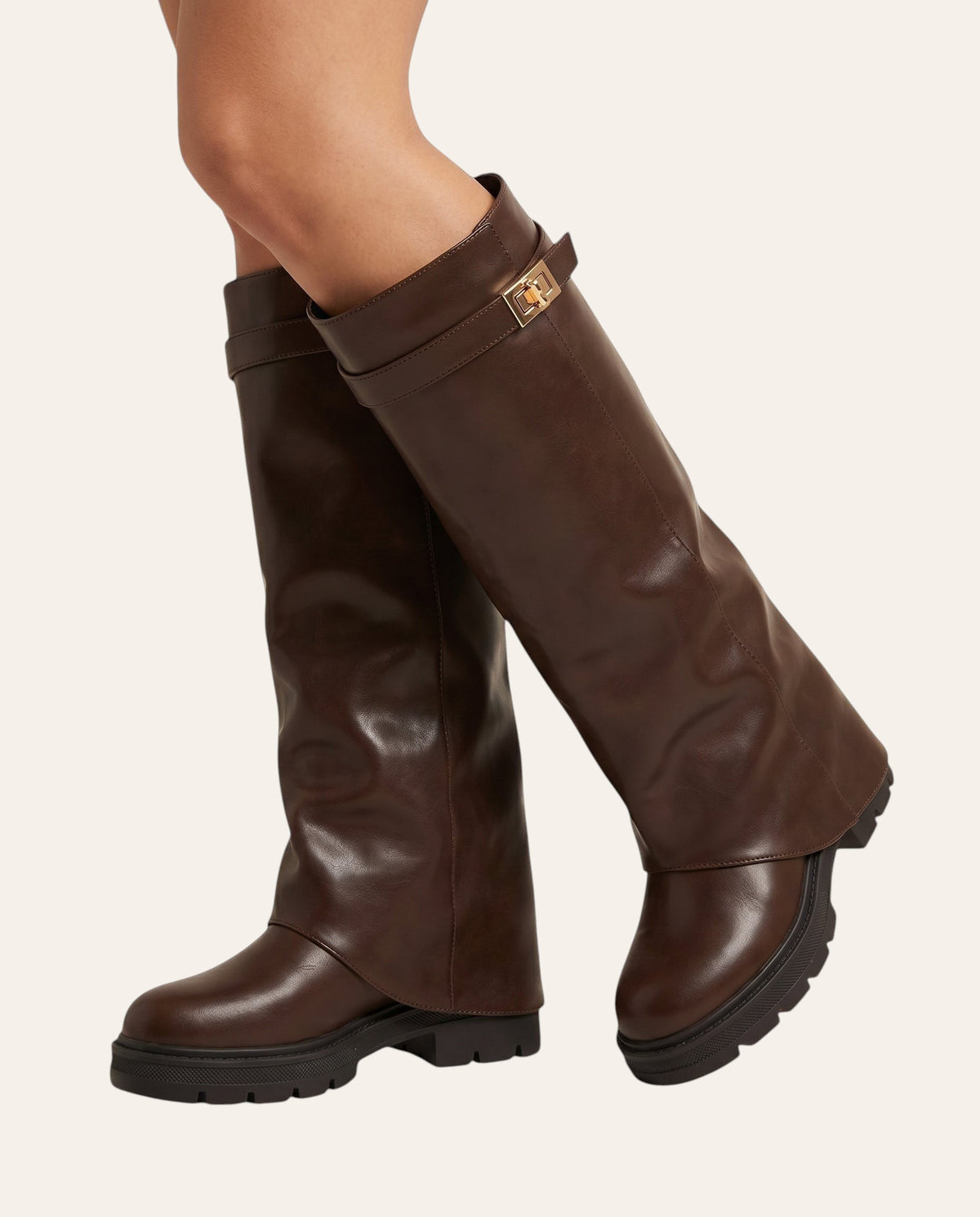 So and Ro - shoes and more - dark brown faux leather Soof boots with a fold-over cuff, gold buckle, and lug sole.