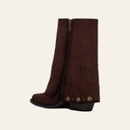 So and Ro - shoes and more - dark brown microsuede fold-over boot by XTI with gold button details and block heel