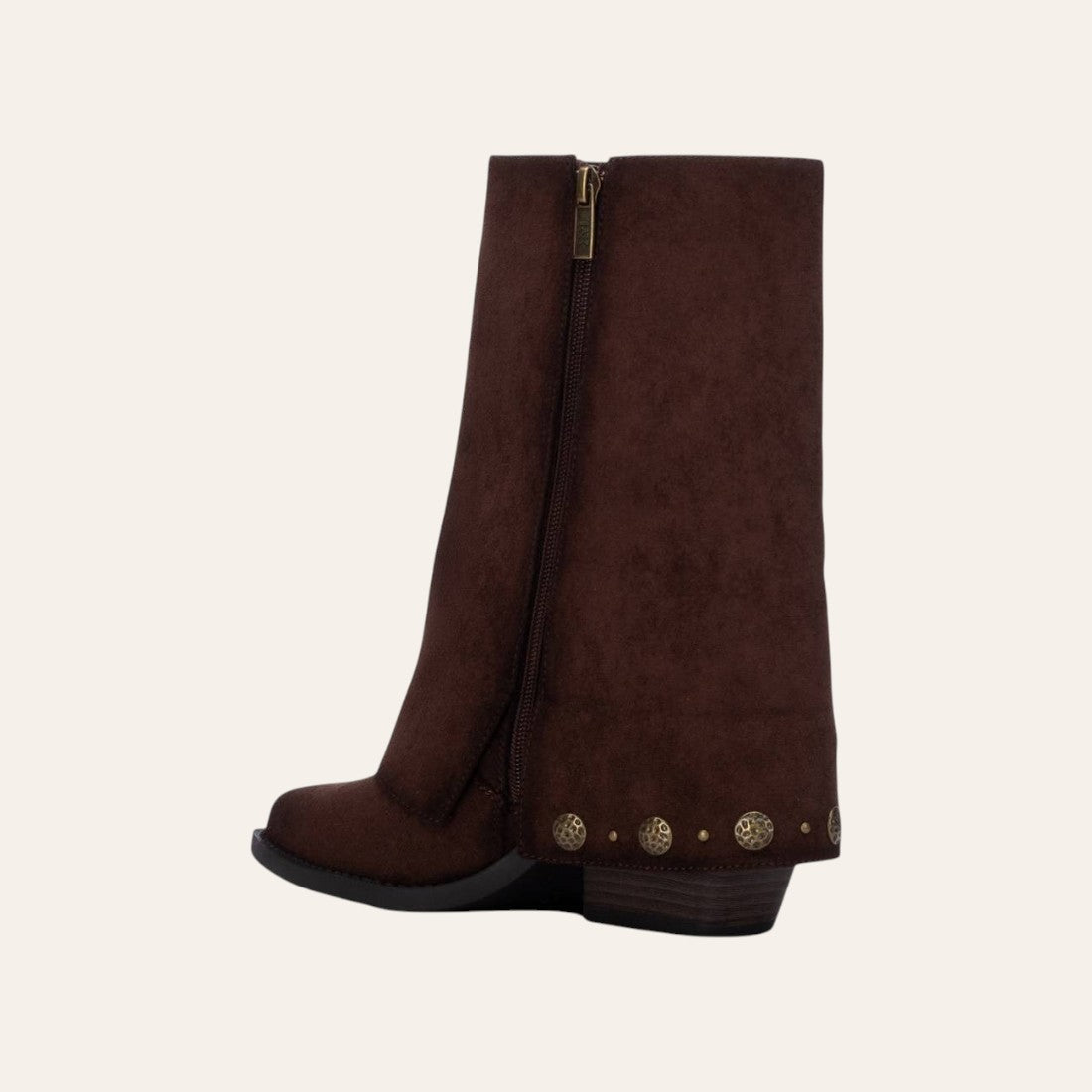 So and Ro - shoes and more - dark brown microsuede fold-over boot by XTI with gold button details and block heel