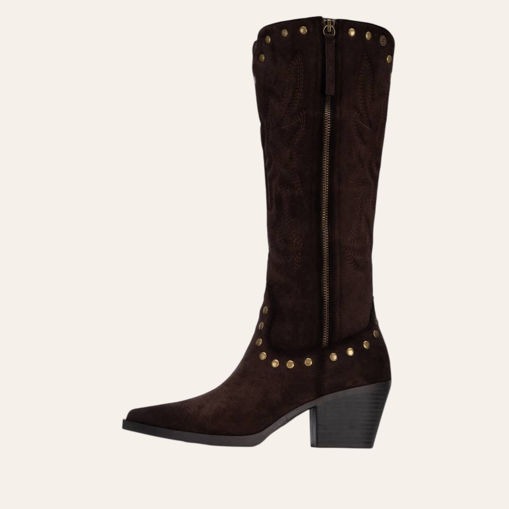 So and Ro - shoes and more - Christa dark brown microsuede knee-high western boots with gold stud detailing
