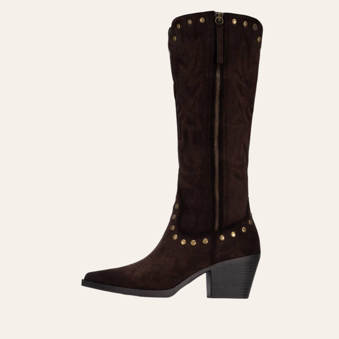 So and Ro - shoes and more - Christa dark brown microsuede knee-high western boots with gold stud detailing
