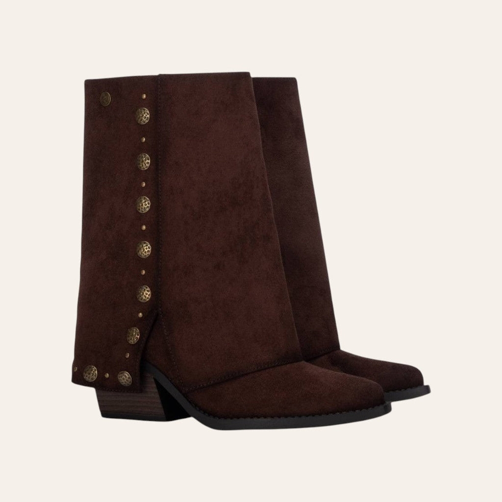 So and Ro - shoes and more - Geraldina dark brown microsuede fold-over boots with decorative gold buttons