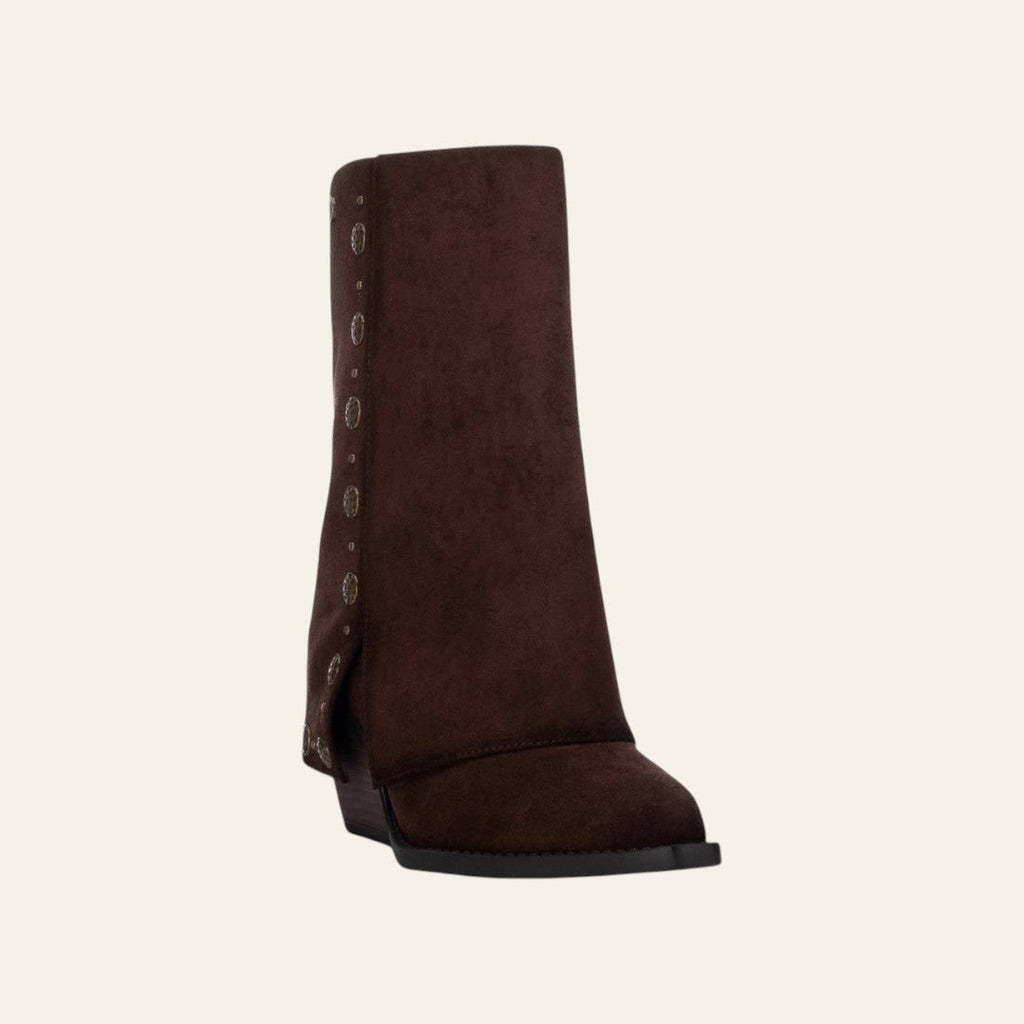 So and Ro - shoes and more - Geraldina dark brown microsuede fold-over boots with decorative gold buttons and block heel