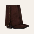 So and Ro - shoes and more - Geraldina dark brown microsuede fold-over boots with decorative gold buttons and block heel
