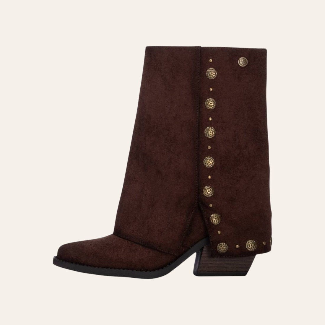 So and Ro - shoes and more - Geraldina dark brown microsuede fold-over boots with decorative gold buttons and block heel