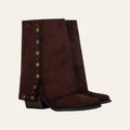 So and Ro - shoes and more - Geraldina dark brown microsuede fold-over boots with decorative gold buttons and block heel