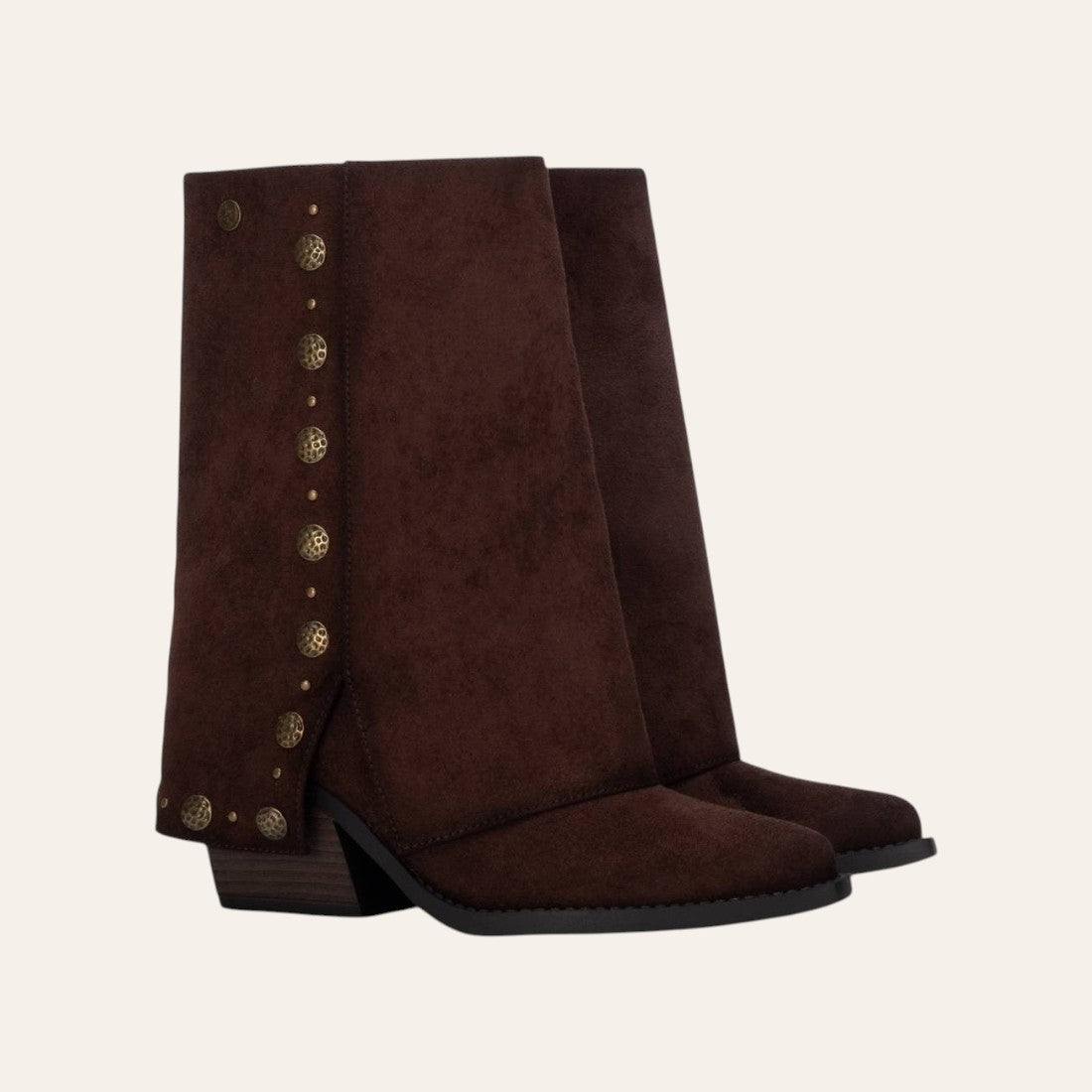 So and Ro - shoes and more - Geraldina dark brown microsuede fold-over boots with decorative gold buttons and block heel