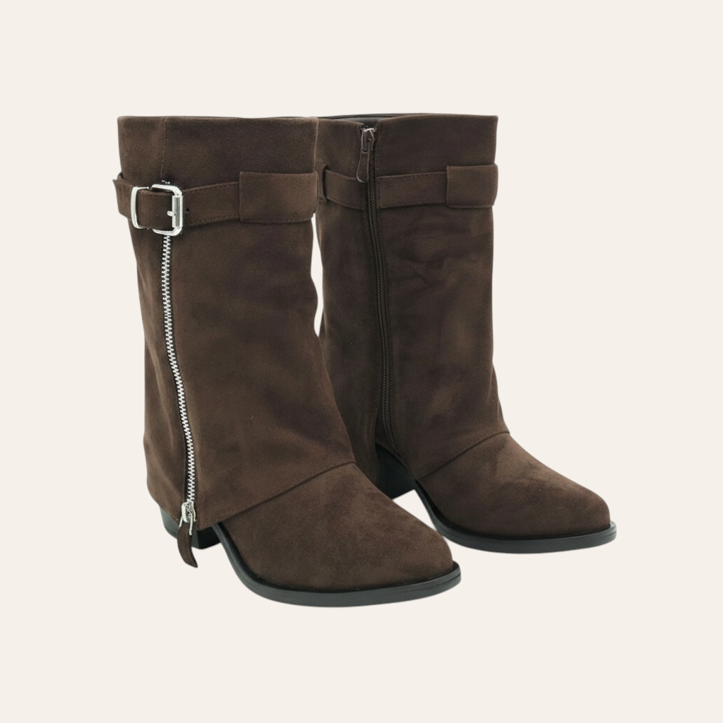 So and Ro - shoes and more - Zelma dark brown microsuede western-style ankle boots with buckle and side zipper detail