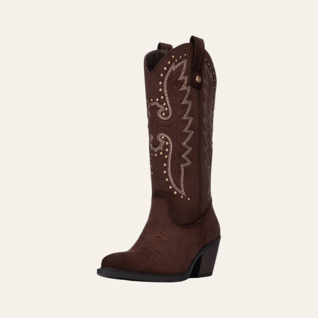So and Ro - shoes and more - Wendy dark brown microsuede western boots with decorative embroidery and gold studs