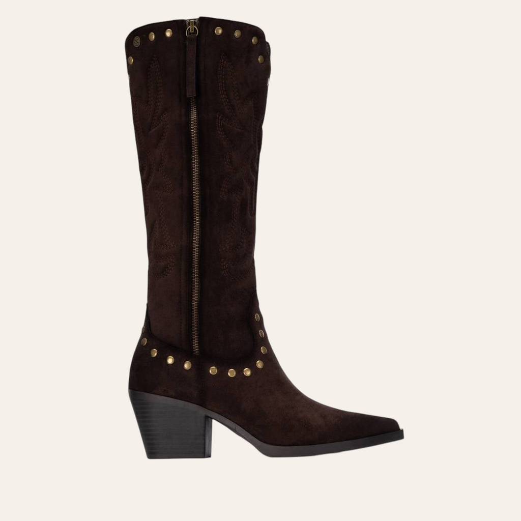 So and Ro - shoes and more - Christa dark brown microsuede western boots with side zipper and gold stud detailing