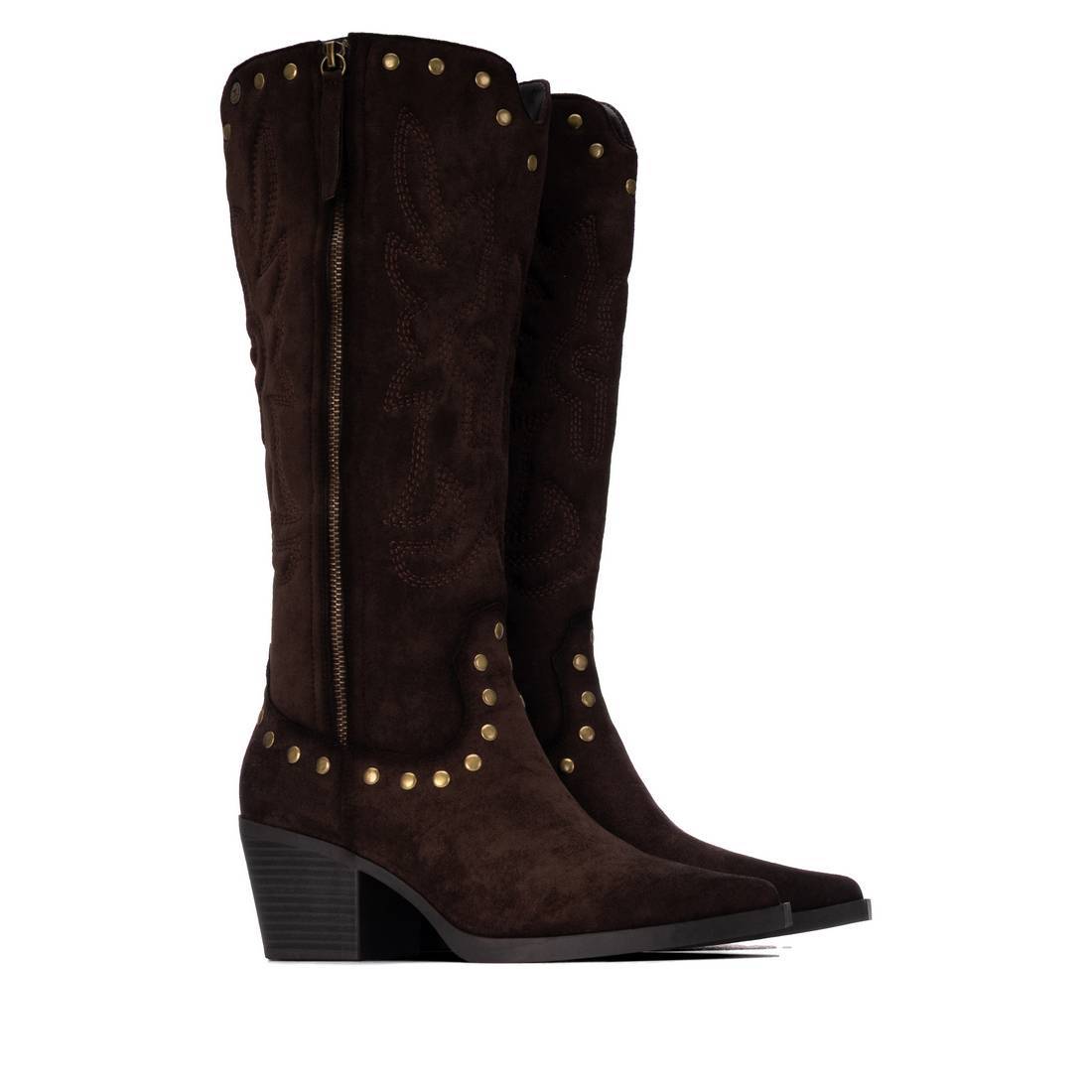 So and Ro - shoes and more - Christa dark brown microsuede western boots with gold stud details and side zipper