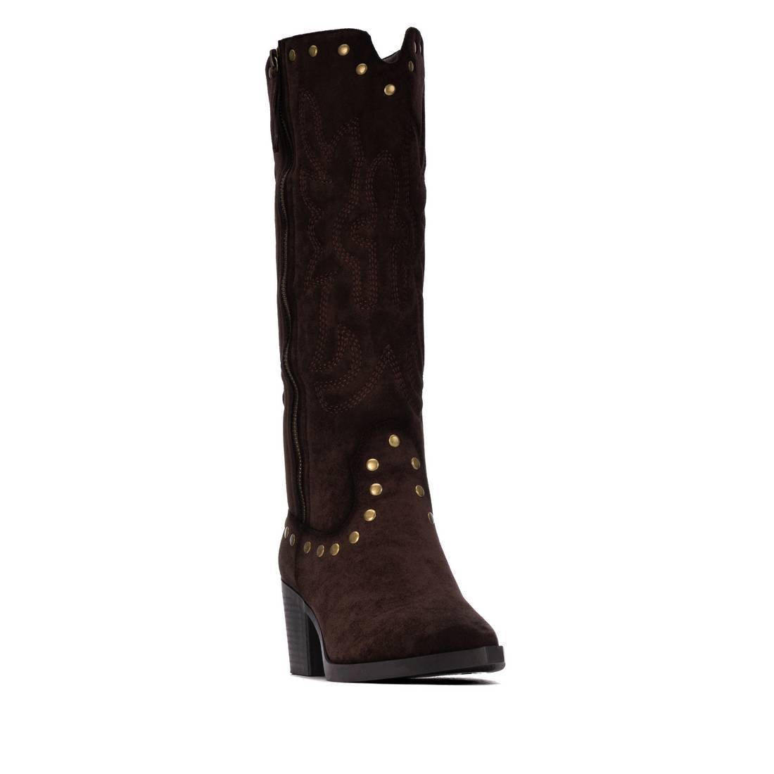 So and Ro - shoes and more - Christa dark brown microsuede western boots with gold stud details and block heel