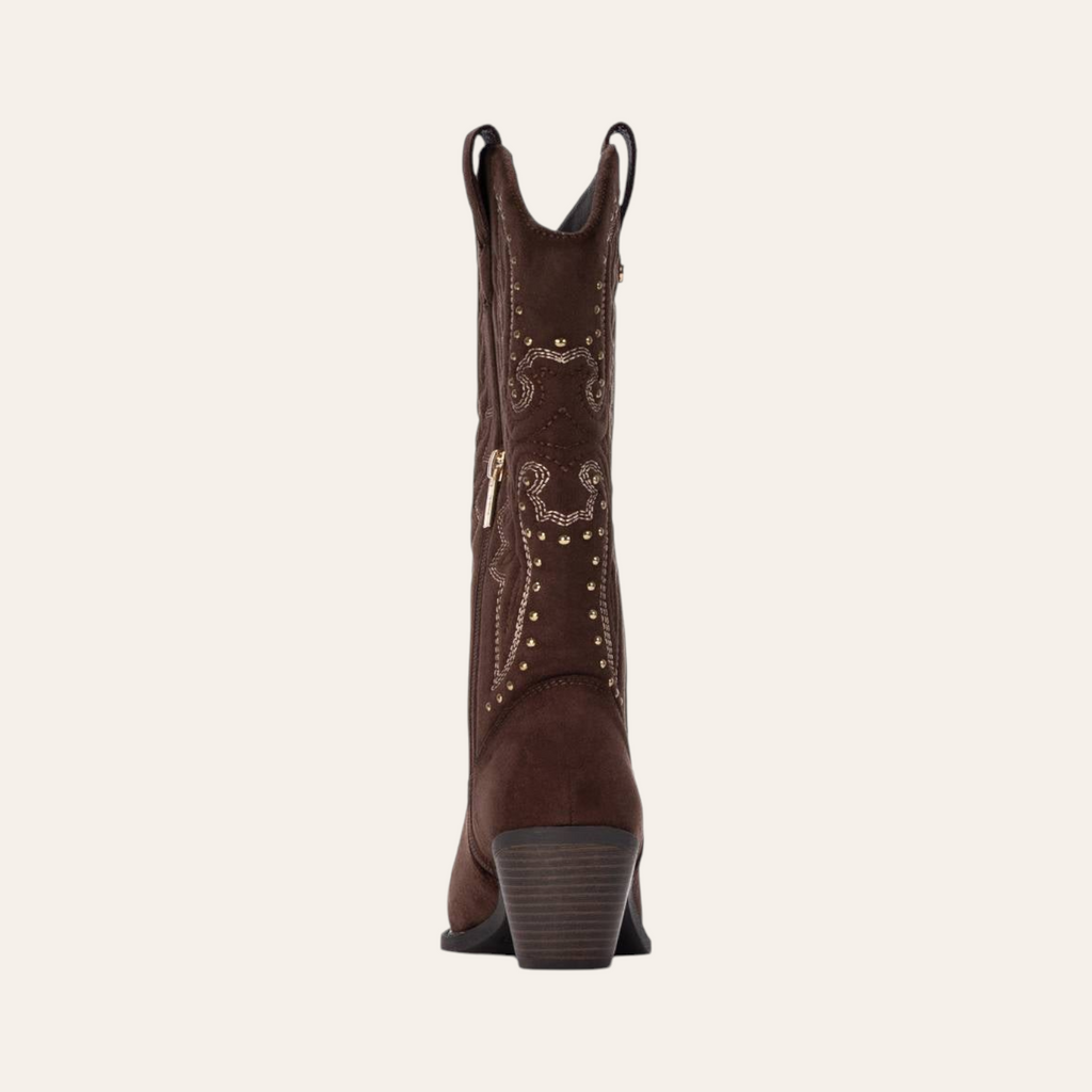 So and Ro - shoes and more - Wendy dark brown microsuede western boot with gold studs and embroidery, back view