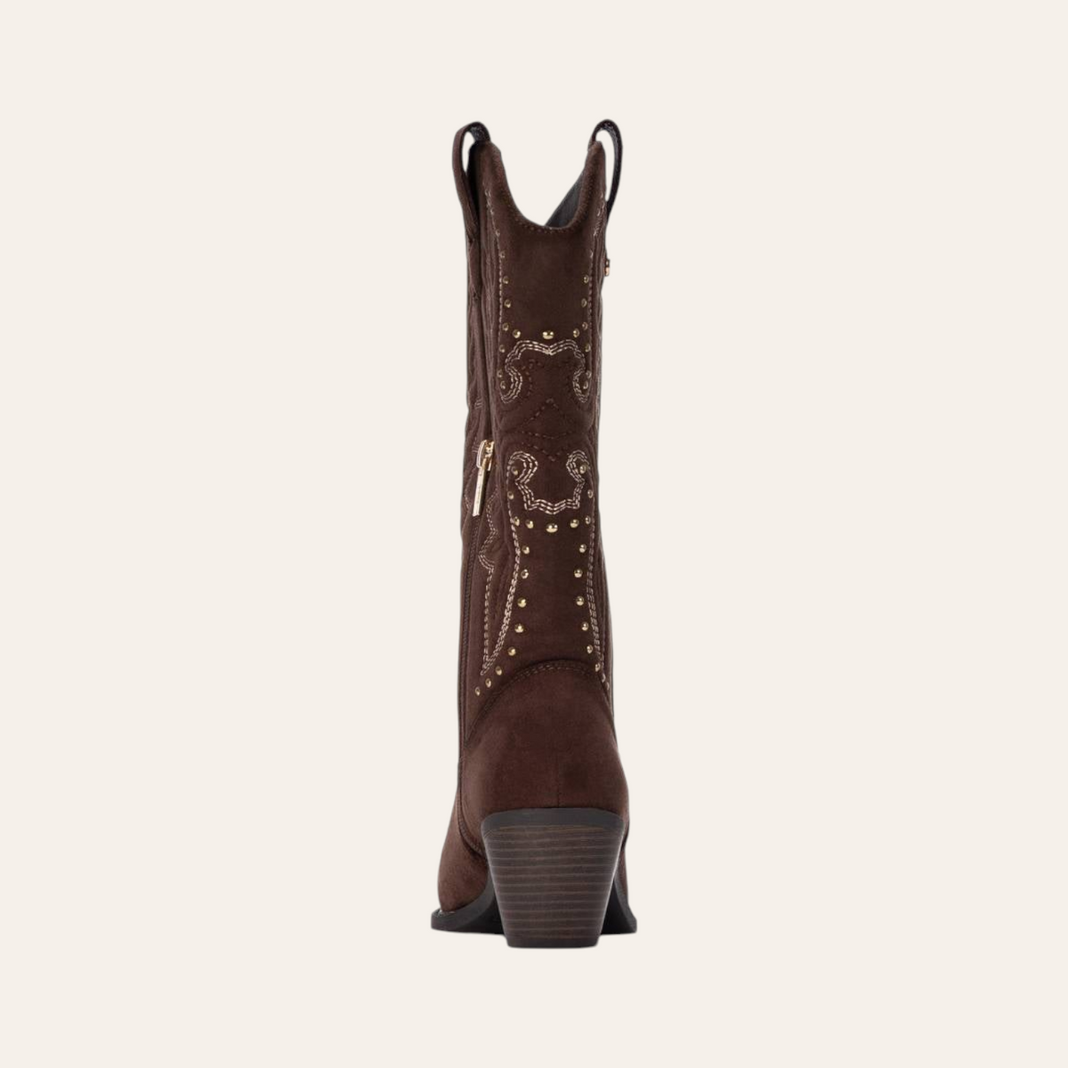 So and Ro - shoes and more - Wendy dark brown microsuede western boot with gold studs and embroidery, back view