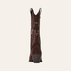 So and Ro - shoes and more - Wendy dark brown microsuede western boot with gold studs and embroidery, back view