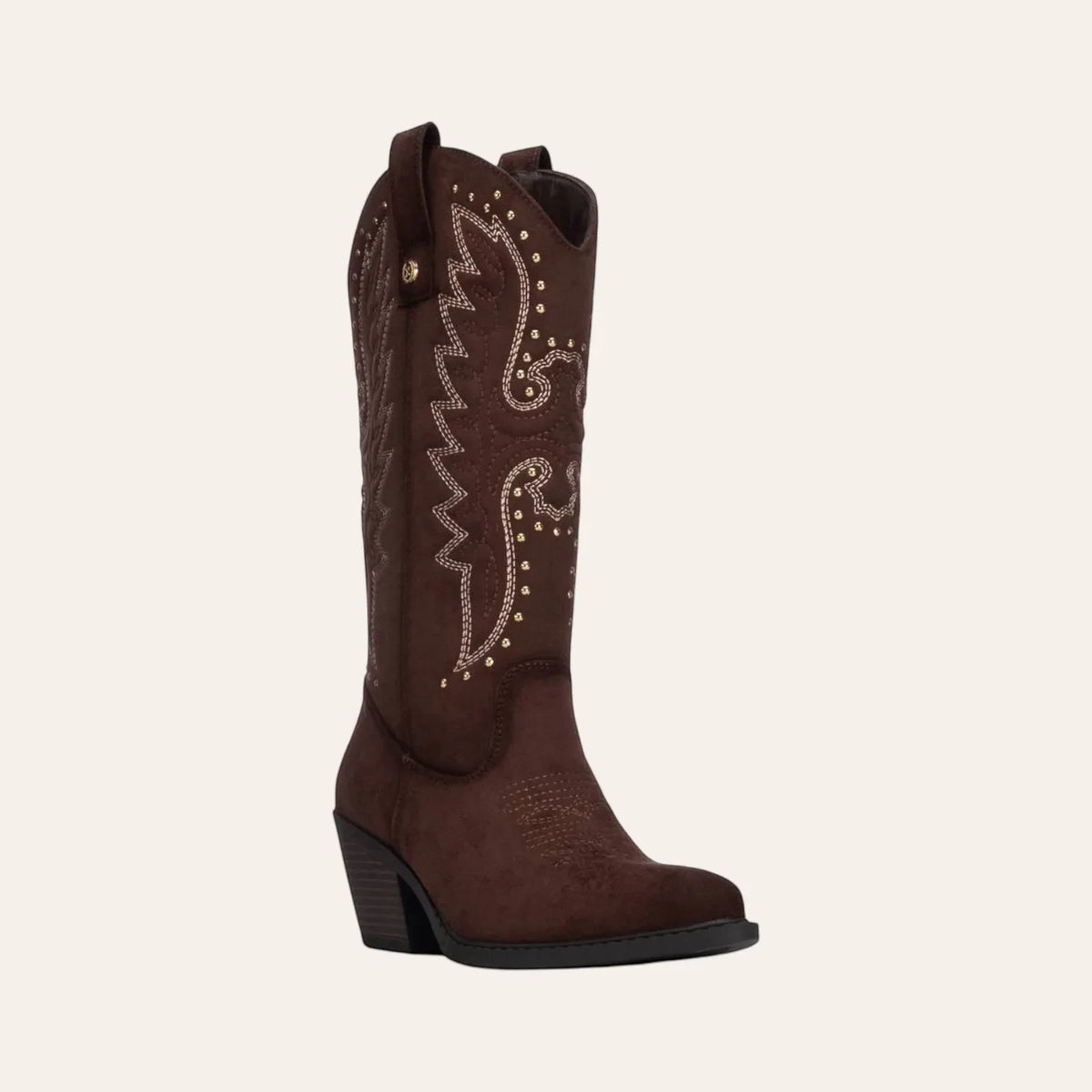 So and Ro - shoes and more - Wendy dark brown microsuede western boots with decorative embroidery and gold studs.