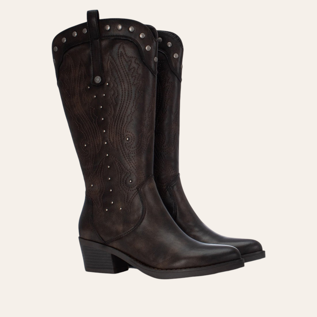 So and Ro - shoes and more - Winnie dark brown faux leather western boots with decorative stitching and metal studs
