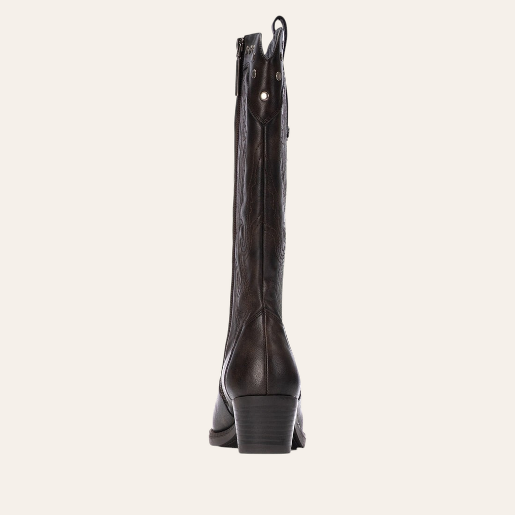 So and Ro - shoes and more - Winnie dark brown faux leather knee-high western boots with side zipper, back view