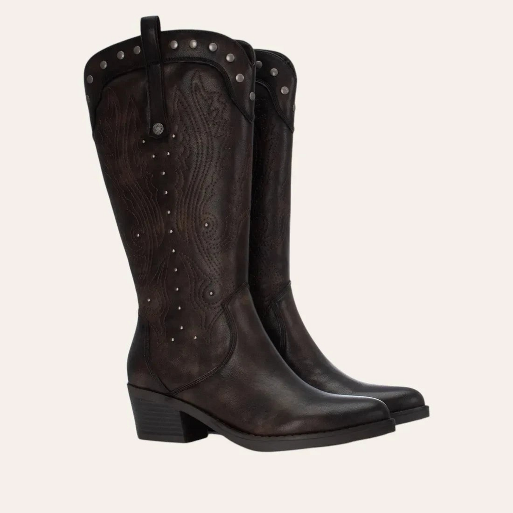 So and Ro - shoes and more - Winnie dark brown faux leather western boots with decorative stitching and silver studs