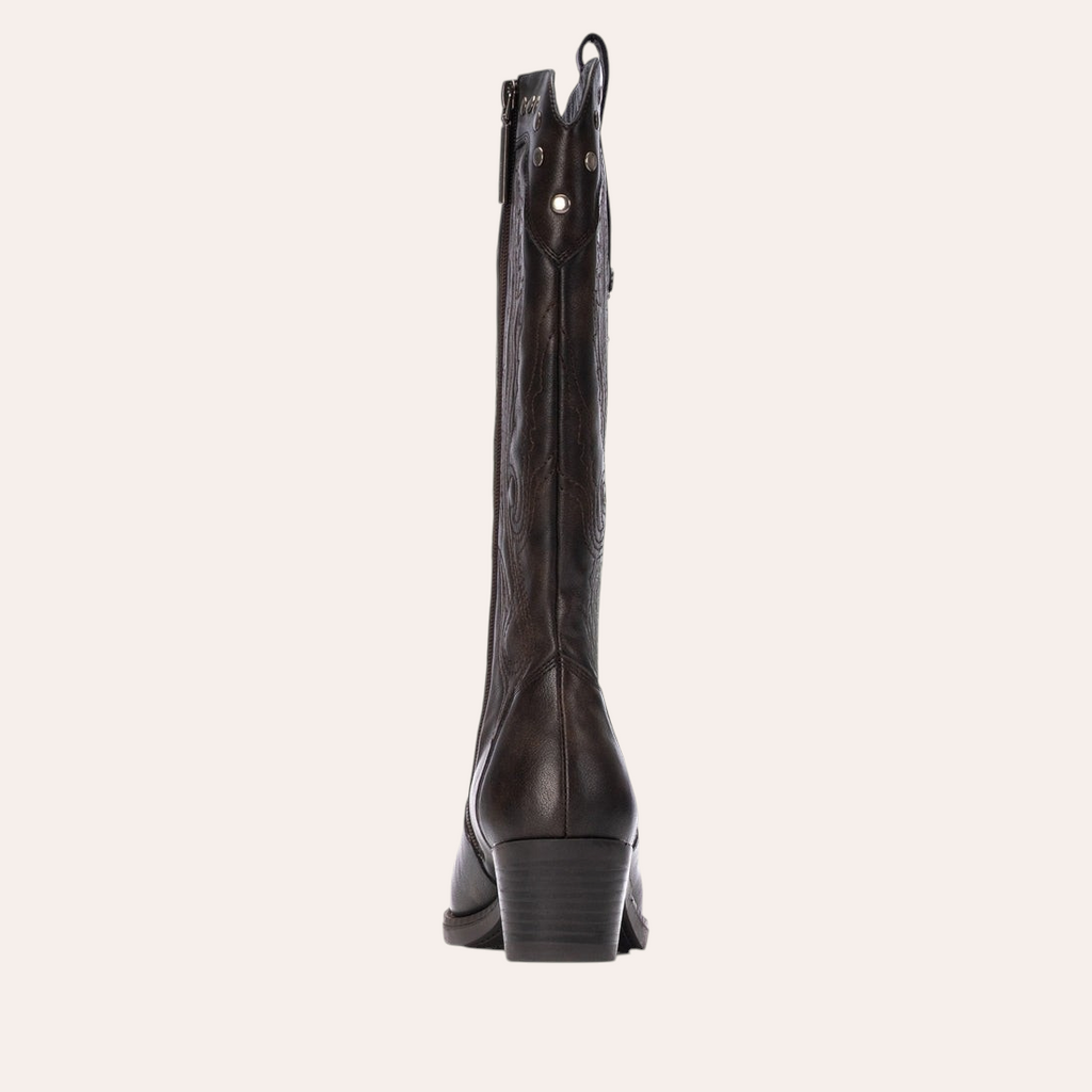 So and Ro - shoes and more - Winnie dark brown faux leather knee-high western boots with side zipper, back view