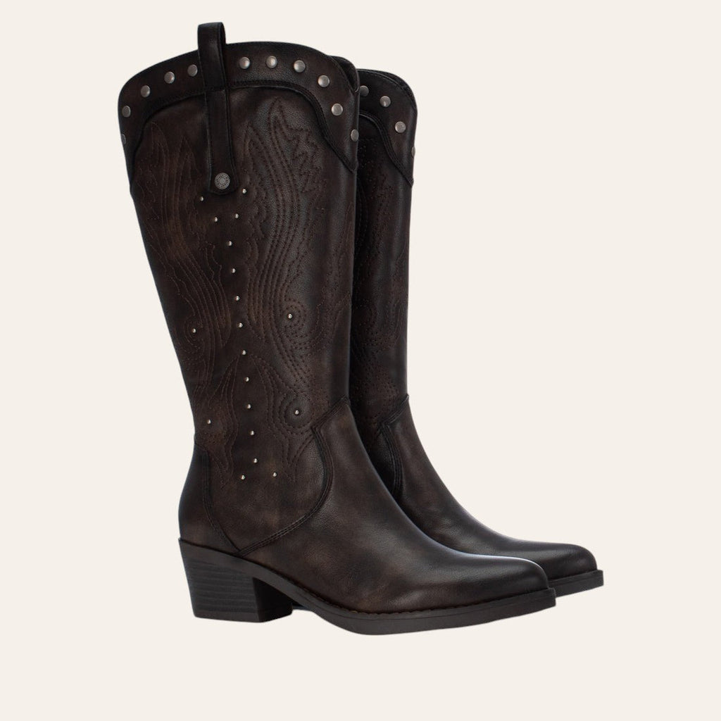 So and Ro - shoes and more - Winnie dark brown faux leather western boots with decorative stitching and silver studs