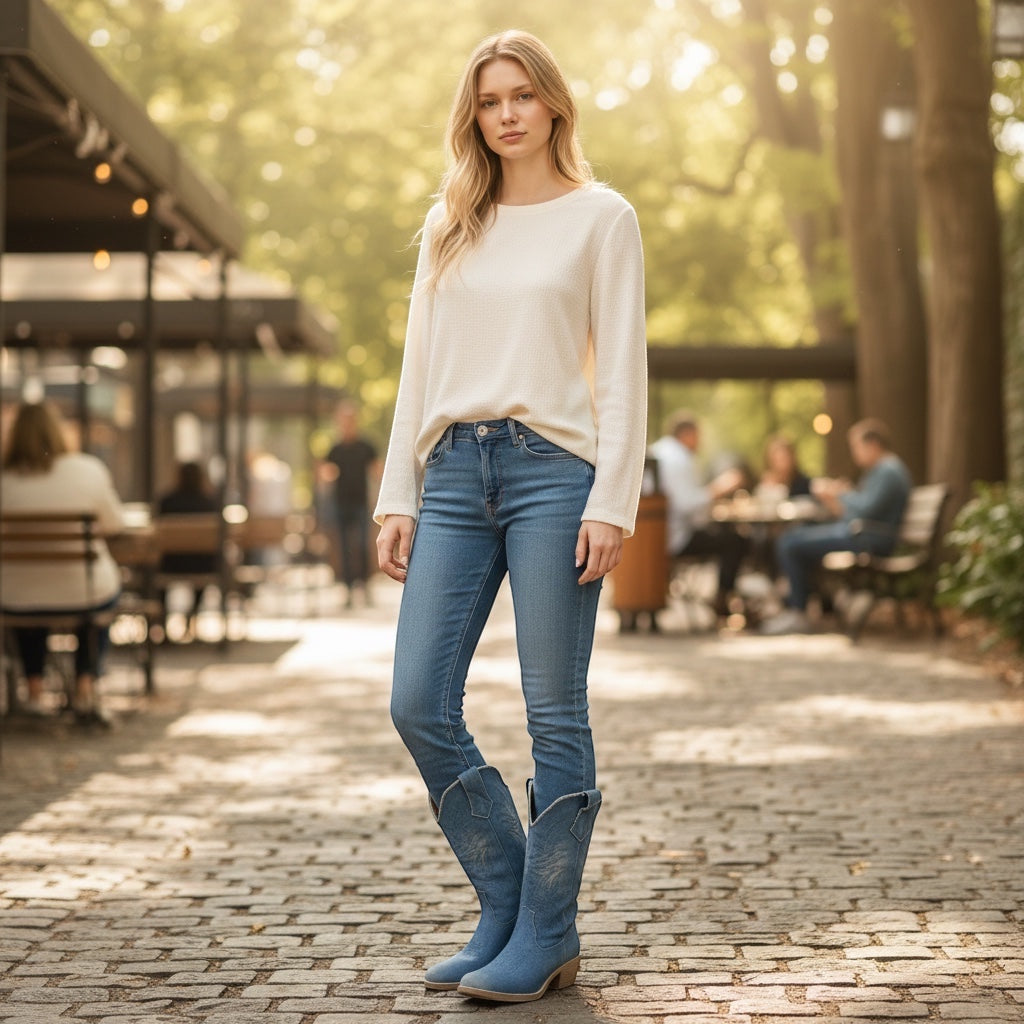 So and Ro - shoes and more dames laarzen in denim met lage hak en western borduursels