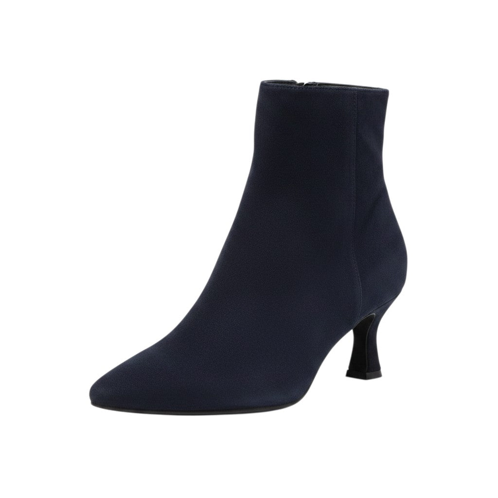So and Ro - shoes and more - Caroline donkerblauwe enkellaarsjes van microsuède met spitse neus en elegante kitten heel