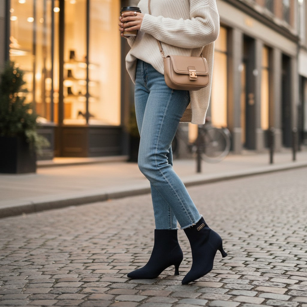 So and Ro - shoes and more - Caroline donkerblauwe microsuède enkellaarsjes met kitten heel gedragen op straat