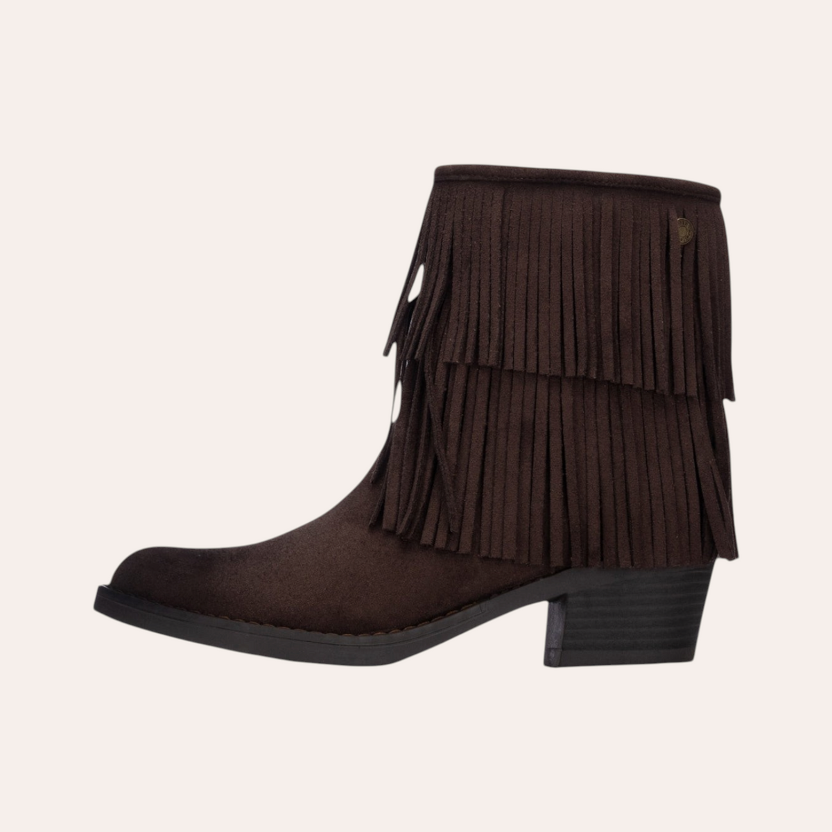 So and Ro - shoes and more - Fran donkerbruine enkellaarsjes met franjes in suède-look en een lage hak