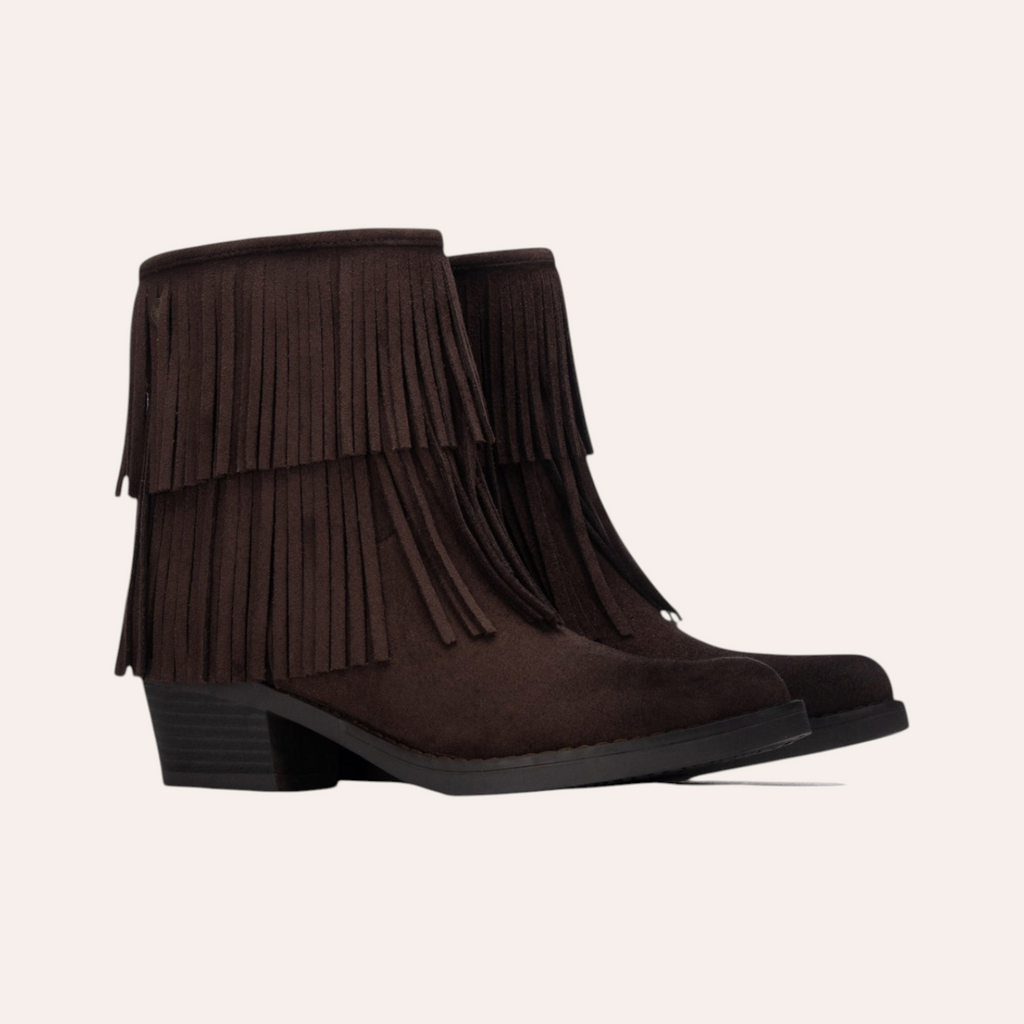 So and Ro - shoes and more - Fran donkerbruine enkellaarzen met franjes en lage hak