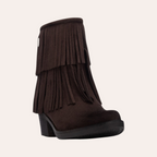 So and Ro - shoes and more - donkerbruine Fran enkellaarsjes met franjes en een comfortabele hak