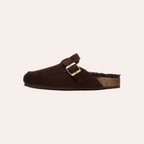 So and Ro - shoes and more - XTI Saria donkerbruine instapsloffen met pluizige voering en goudkleurige gesp