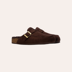 So and Ro - shoes and more - XTI Saria donkerbruine instapsloffen met pluizige voering en goudkleurige gesp