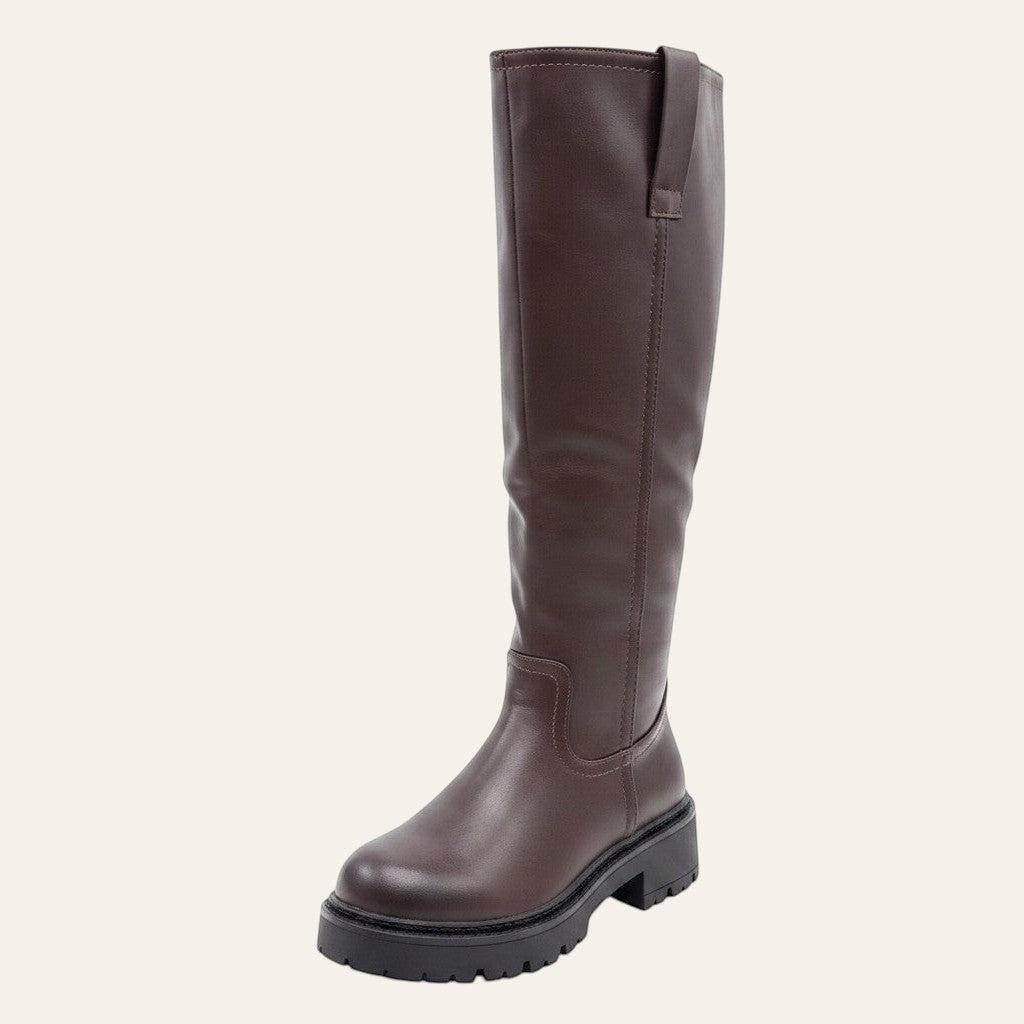So and Ro - shoes and more - Lina kniehoge laars in donkerbruin lederlook met robuuste profielzool