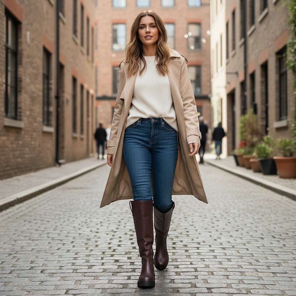 Model draagt So and Ro - shoes and more - Lina kniehoge laarzen in donkerbruin lederlook met robuuste profielzool